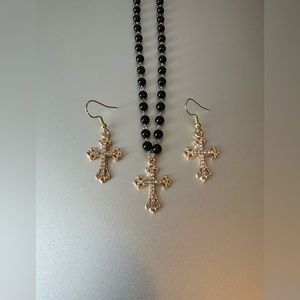 Gold Tone Crystal Cross Pendant Necklace & Drop Dangle Earrings Set